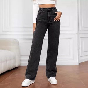 Jean taille haute coupe droite gris foncé pour femme, pantalon en denim délavé rétro