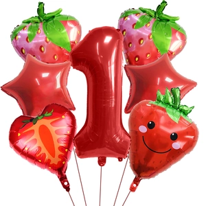 7-piece strawberry birthday balloon set with red number one and star foil balloons