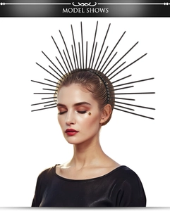 Close-up of black sunburst spike crown headband worn by a model for Cosplay parties