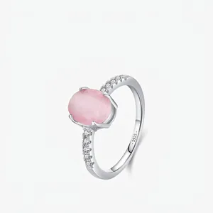 925 Sterling Silver Ring Pink Oval Cat's Eye Stone Sparkling Cubic Zirconia Minimalist Fashion Jewelry For Women