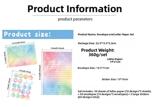 Detailed size specifications for watercolor stationary set including envelopes and stickers