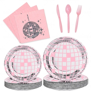 Disco Ball Party Tableware Pink Silver Mirror Disposable Paper Plates Cups Napkins Plastic Forks Knives Spoons For Birthday Celebration