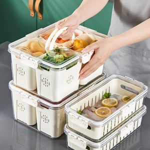 Stackable food-grade fridge storage boxes with drainage baskets and handles