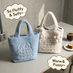 Cute Bear Embroidery Plush Tote Bag Faux Lamb Wool Shoulder Handbag With Bear Charm Kawaii Large Capacity For Women Girls