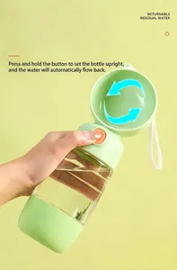 Detail of portable pet water bottle with a button for water reflux and recycling