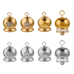 Polished stainless steel Christmas bell pendants in gold and silver with heart star charms