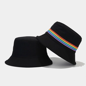 Bob réversible en coton noir avec ruban arc-en-ciel coloré pour homme et femme