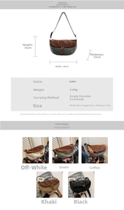Size chart for dumpling-style crossbody bag showing dimensions 28x16x13cm and colors