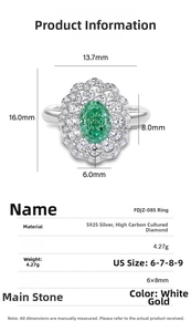 Detailed dimension guide for S925 silver ring featuring 6x8mm green oval gemstone