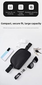 Detail showing high-capacity nylon chest bag holding a 7.5-inch phone and accessories