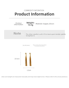 Detailed size specifications of long gold tassel earrings with zircon clover studs