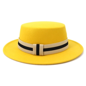 Bright yellow wool felt boater hat with a chic beige and black striped ribbon band