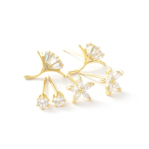 Elegant gold S925 silver stud earring set with ginkgo leaf flower and zircon stones