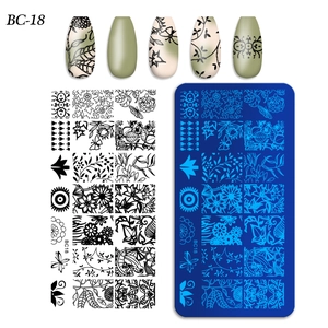 Detail of BC-18 nail stamping plate with floral, butterfly and leaf patterns for manicure