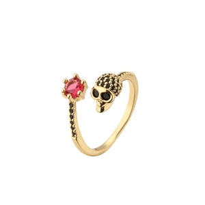 Gold skull open ring with red center stone and black zircon micro-pave in punk style