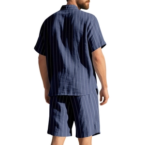 Detail view of the back fit and cotton linen texture of the navy blue striped men's set