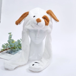 Detail showing plush dog ear hat with long moving ears and cute embroidered paw print