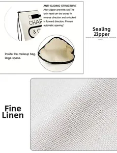 Detail view of large capacity fine linen cosmetic bag with non-slip alloy zipper closure