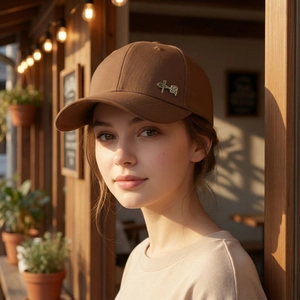 Men's casual brown baseball cap with metal logo detail in an outdoor lifestyle setting