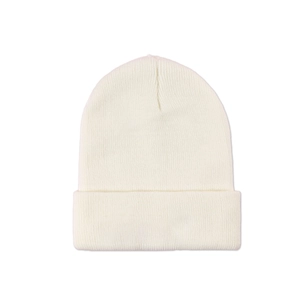 Detailed view of plain white knitted beanie texture with soft cuffed edge design