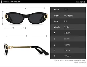 Detailed size chart for retro oval sunglasses showing dimensions and PC metal frame material