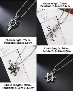 Detail of four vintage silver hip hop pendants including skull and star on 70cm ball chains