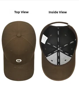 Detail view of the embroidered baseball cap top and inner lining with adjustable buckle