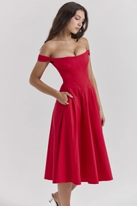 Detailed view of the red corset floral maxi dress featuring an elegant side slit
