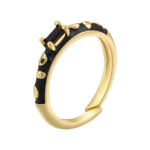Gold plated leopard enamel open ring featuring a rectangular black gemstone accent