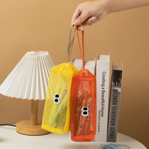 Cute mesh pencil case with big eyes design and portable handle in yellow and orange