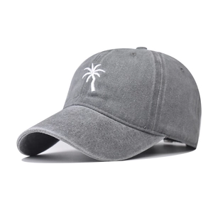 Washed dark grey cotton baseball cap with white palm tree embroidery and curved brim