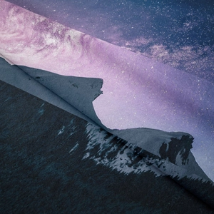Macro detail of high-definition digital print fabric showing soft texture and starry mountain