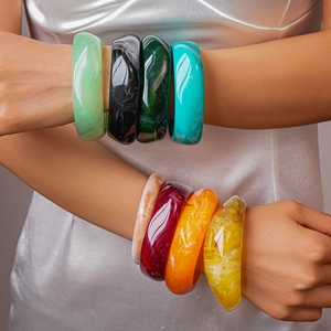 Minimalist resin marbled wide bangle featuring irregular geometric shapes in multiple colors