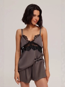 Satin sleepwear set featuring V-neck camisole with lace trim and matching shorts in charcoal
