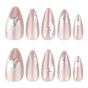 Cat eye short almond press-on nails with shiny silver 3D star patterns in pink