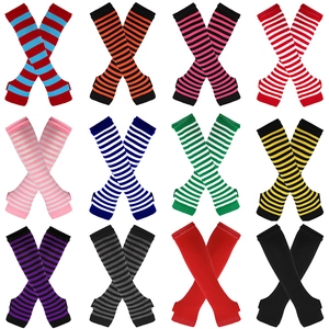 Long Knitted Arm Sleeves Striped Fingerless Gloves With Thumb Hole Cosplay Punk Gothic Elastic Warm Hand Warmer