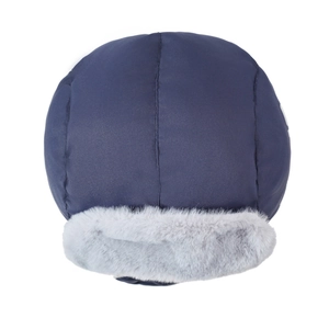 Winter trapper hat with navy blue waterproof fabric and thick grey faux fur lining