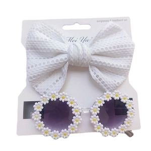 Kids daisy flower sunglasses with white waffle texture bow headband gift set