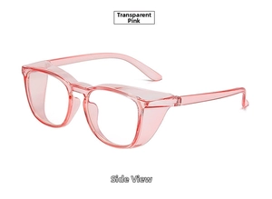 Detail view of transparent pink anti-pollen glasses with integrated side shield protection