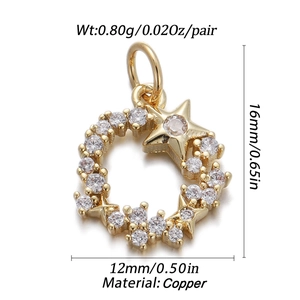 Macro view of gold planet star pendant with dimensions and copper material specs