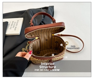Detail view of woven cosmetic bag interior with floral lining and functional pockets