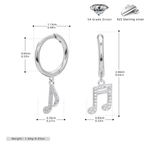 Detail view of S925 sterling silver music note earrings with 5A grade zircon dimensions