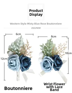 Detail of dusty blue artificial rose boutonniere and wrist corsage with lace strap