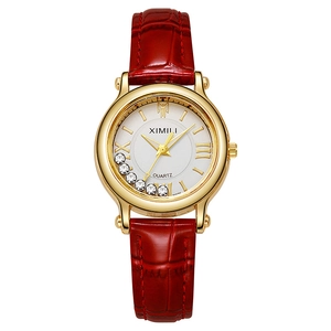 Women Quartz Watch Elegant Alloy Case PU Leather Strap Floating Rhinestone Dial Analog Wristwatch Fashion Casual