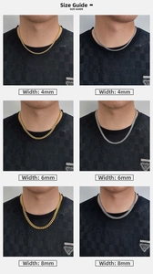 Cuban chain size guide showing 4mm, 6mm, and 8mm widths in gold and silver finishes