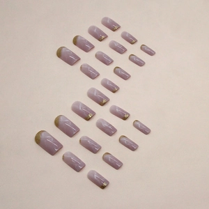 Elegant mauve marble press-on nails with golden glitter French tips in square shape