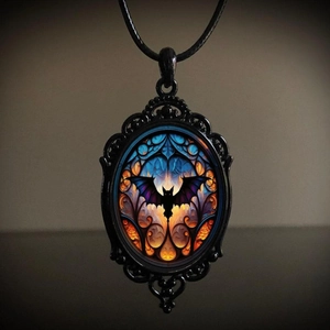 Gothic Pendant Necklace Zinc Alloy Glass Resin Witch Bat Crow Halloween Jewelry Retro Stained Glass Style Dark Accessory