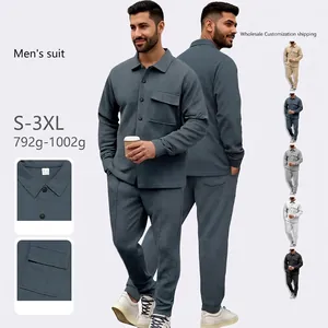 Men Retro Casual Jacket And Pants Waffle Texture Jacquard Lapel Long Sleeve Slim Fit Heavy Weight American Style