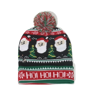 Close-up of LED ON/OFF switch on a Christmas knit hat with Santa Claus and HO! HO! HO! text