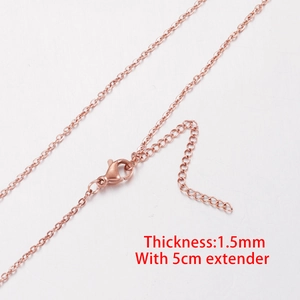 Rose gold stainless steel cross chain with 1.5mm thickness and 5cm extender link